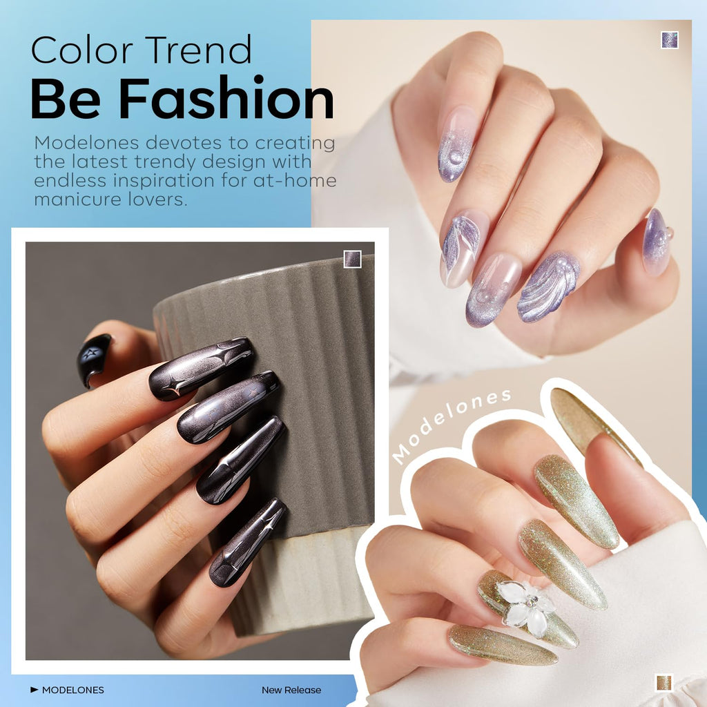 Modelones Cat Eye Gel Nail Polish Set - 6 Colors, 9D Glassy Magnetic Cat Eye Glitter Kit (Soak-Off, LED)