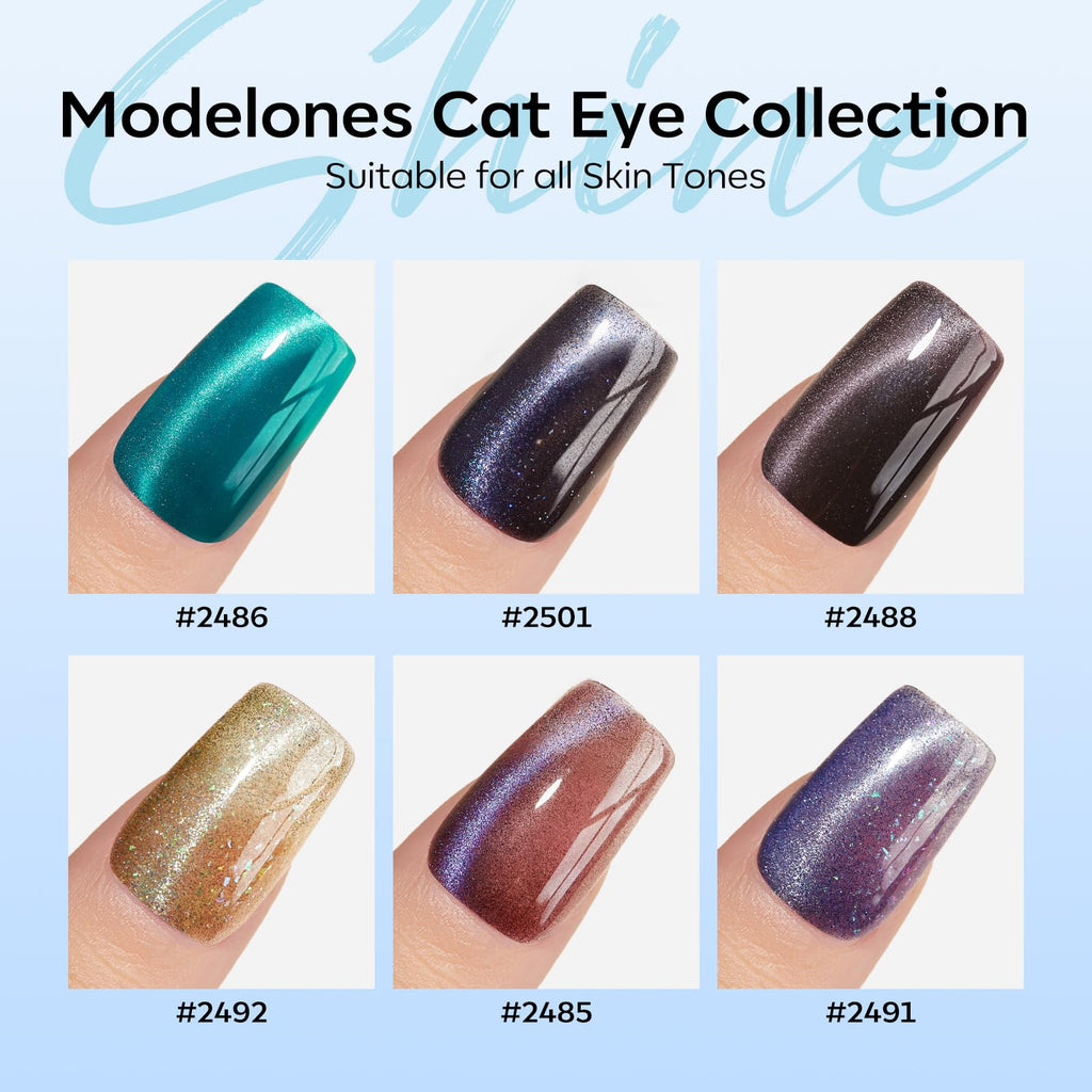 Modelones Cat Eye Gel Nail Polish Set - 6 Colors, 9D Glassy Magnetic Cat Eye Glitter Kit (Soak-Off, LED)