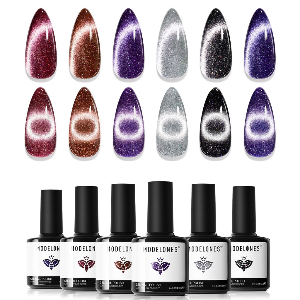 Modelones Cat Eye Gel Nail Polish Set — 6 Winter Colors + Magnetic Stick