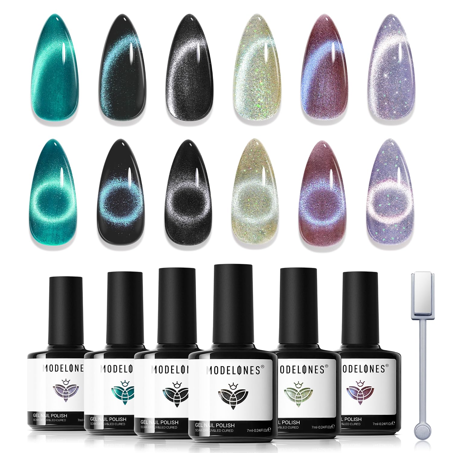 Modelones Cat Eye Gel Nail Polish Set - 6 Colors, 9D Glassy Magnetic Cat Eye Glitter Kit (Soak-Off, LED)