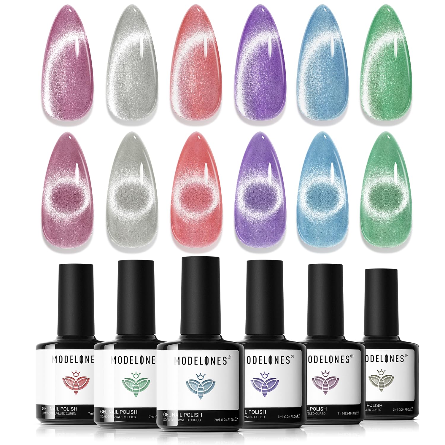 Modelones Cat Eye Gel Nail Polish Set – 6 Colors, Magnetic 9D Glitter, Soak-Off, LED Nail Art