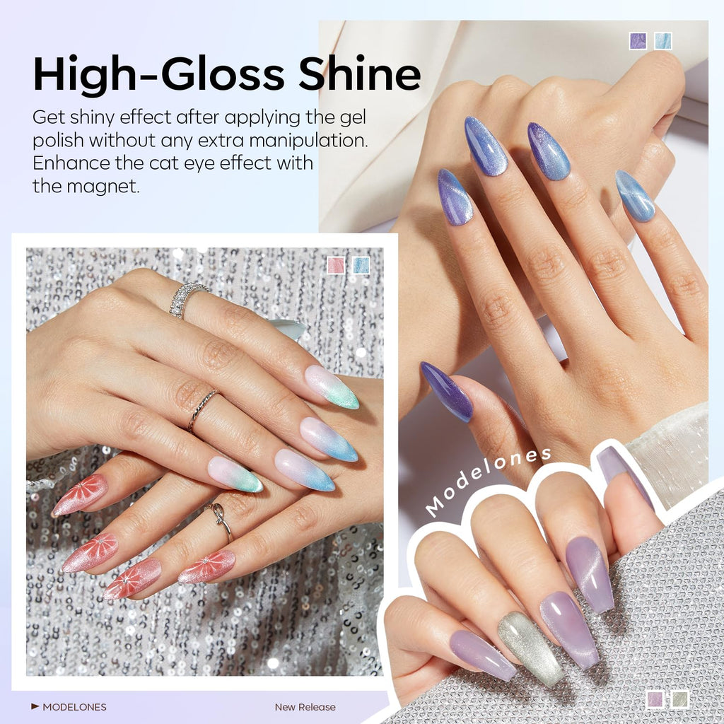 Modelones Cat Eye Gel Nail Polish Set – 6 Colors, Magnetic 9D Glitter, Soak-Off, LED Nail Art