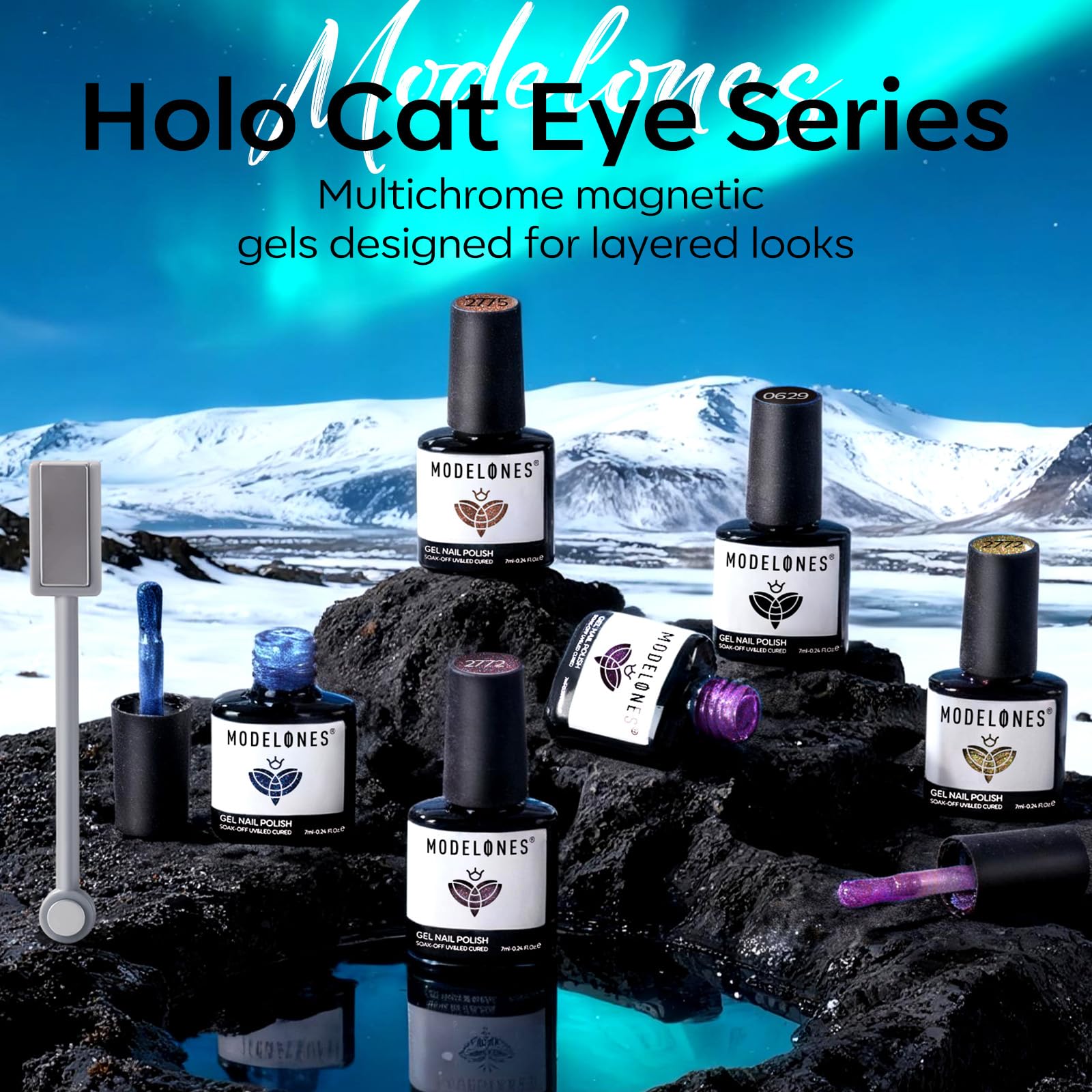 modelones Gel Nail Polish Set 6 Colors – Rainbow Cat Eye Magnetic Gel Polish with Soak-Off LED