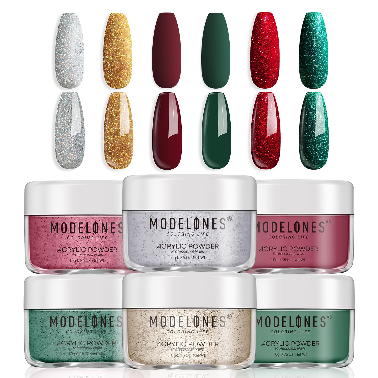 Modelones Christmas Colors Acrylic Powder Kit — 6 Festive Shades (No Lamp Needed)