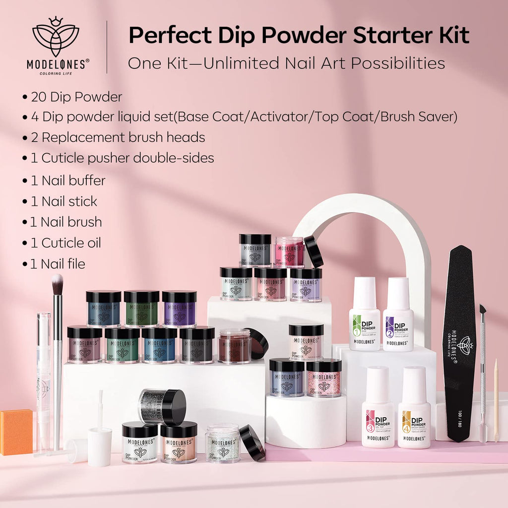 Modelones Dip Powder Nail Kit Starter — 20 Colors, Base, Top & Activator