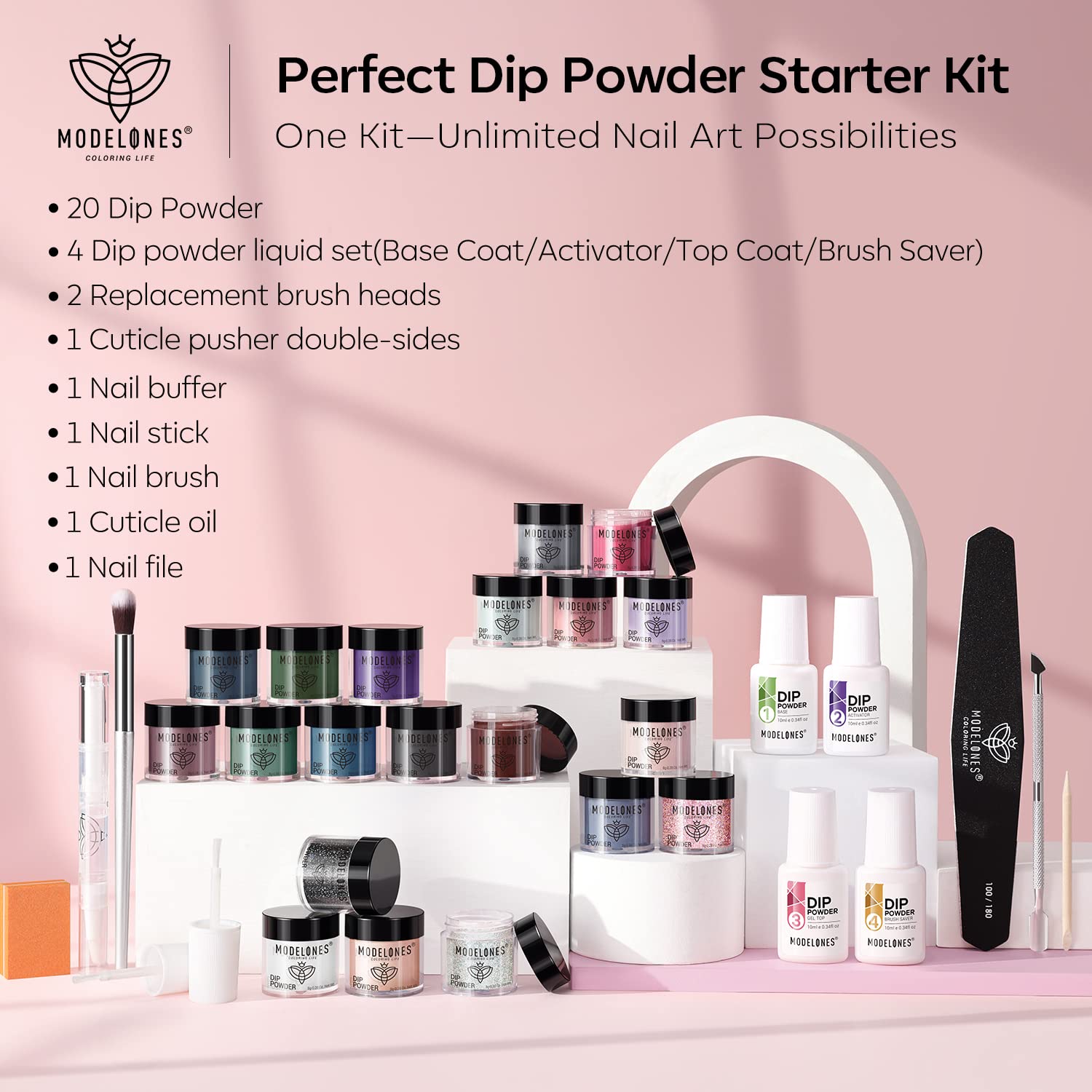 Modelones Dip Powder Nail Kit Starter — 20 Colors, Base, Top & Activator
