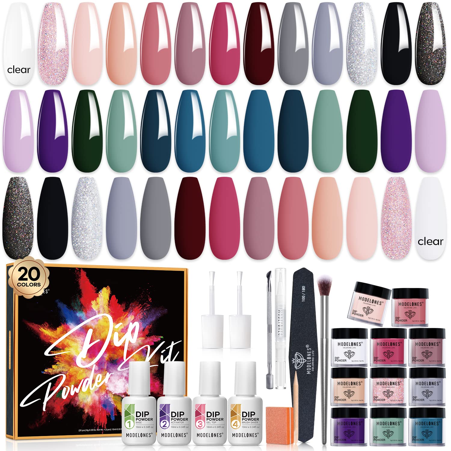 Modelones Dip Powder Nail Kit Starter — 20 Colors, Base, Top & Activator