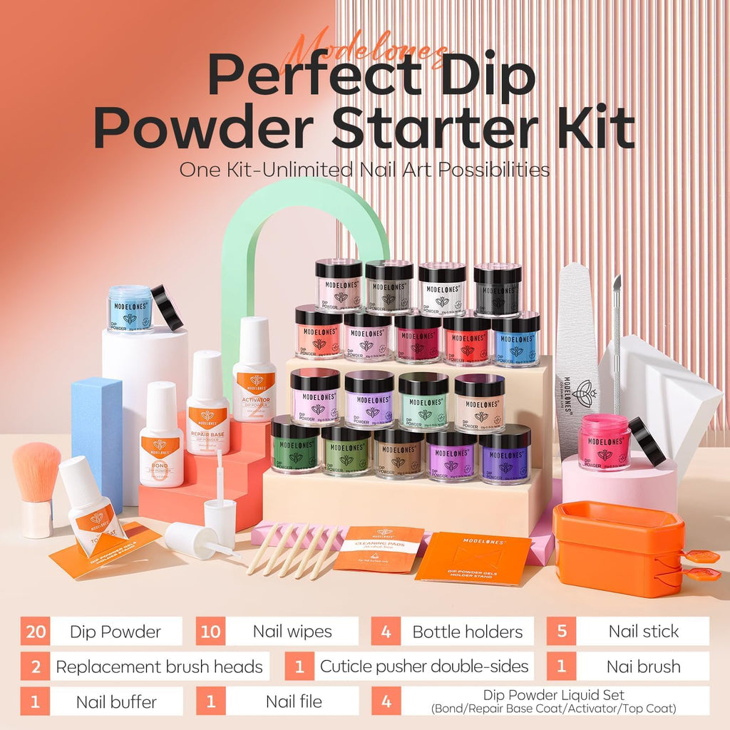 Modelones 20 Colors Dip Powder Nail Kit – DIY Manicure Starter Set with Bond/Base/Activator/Top Coat