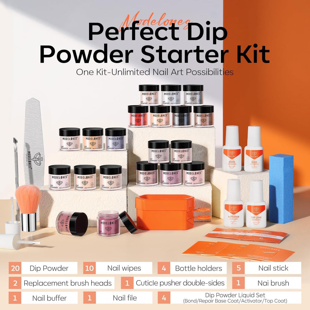 Modelones Dip Powder Nail Kit Starter — 20 Colors, Bond/Base/Activator/Top, No Lamp Needed