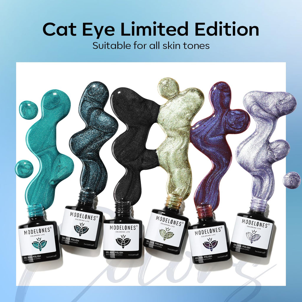 Modelones Cat Eye Gel Nail Polish Set - 6 Colors, 9D Glassy Magnetic Cat Eye Glitter Kit (Soak-Off, LED)