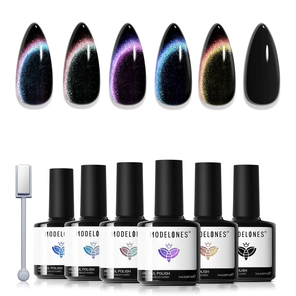 modelones Gel Nail Polish Set 6 Colors – Rainbow Cat Eye Magnetic Gel Polish with Soak-Off LED