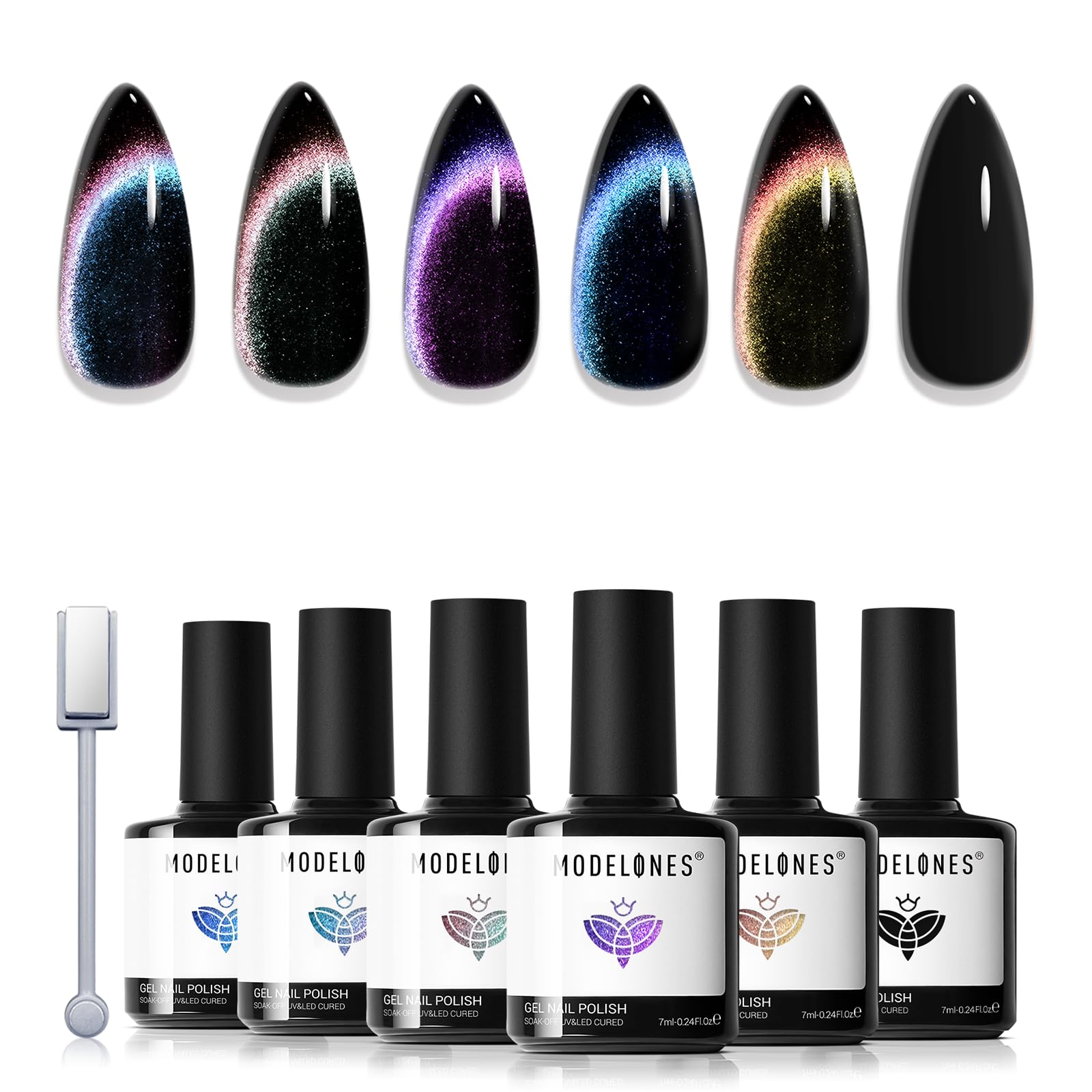 modelones Gel Nail Polish Set 6 Colors – Rainbow Cat Eye Magnetic Gel Polish with Soak-Off LED