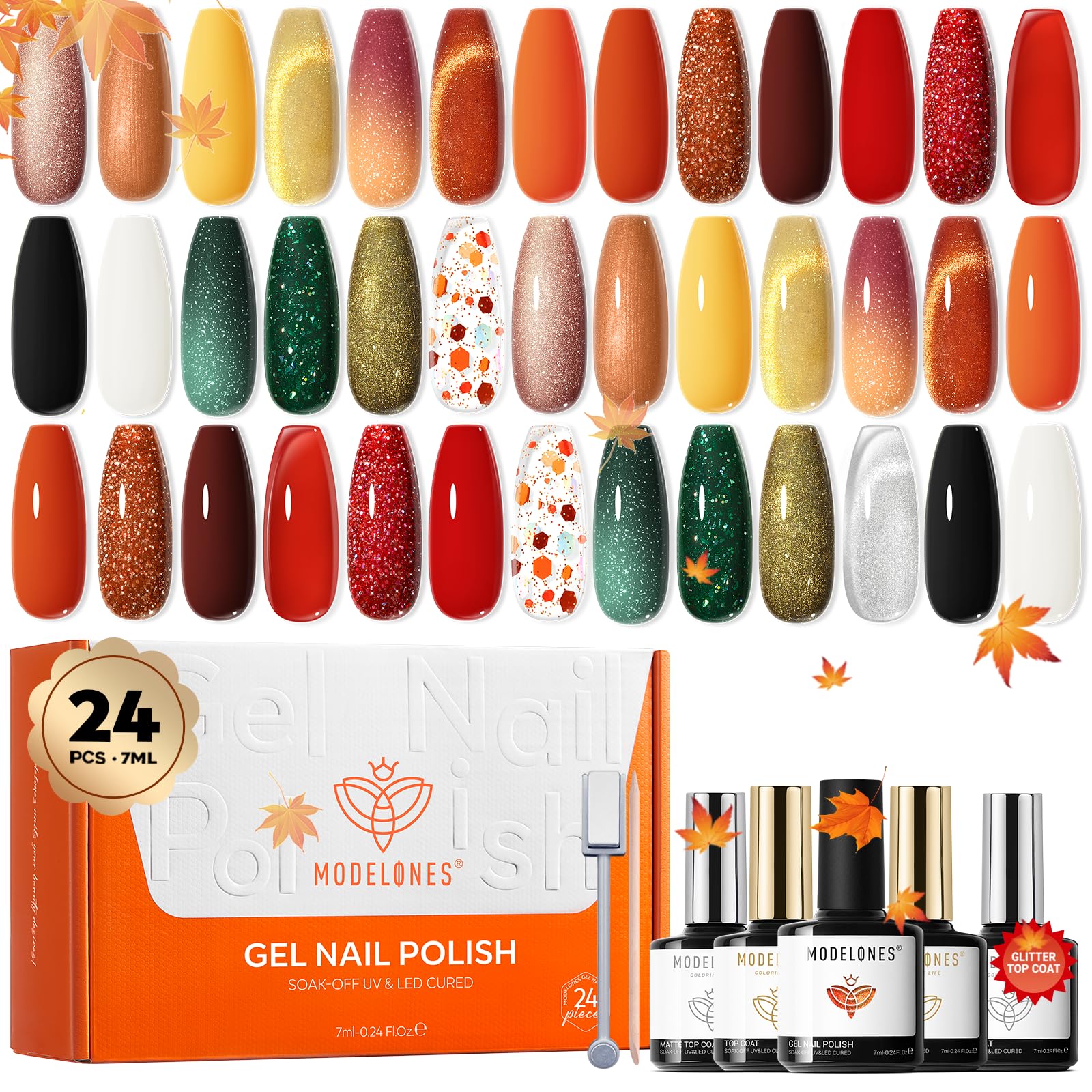 Modelones 24PCS Gel Nail Polish Set – Fall/Winter Cat Eye & Top Coats