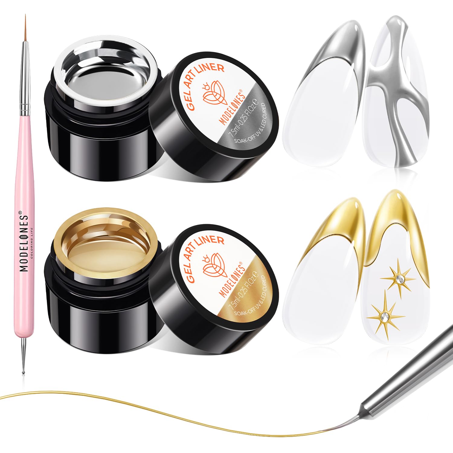 modelones Chrome Gold Silver Gel Liner Nail Polish – Metallic Mirror Nail Art Kit with Double Head Brush