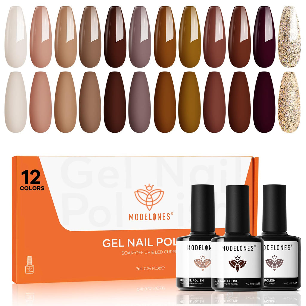 Modelones Gel Nail Polish Set — 12 Winter Neutral Browns with Gold Glitter | 7ml Bottles