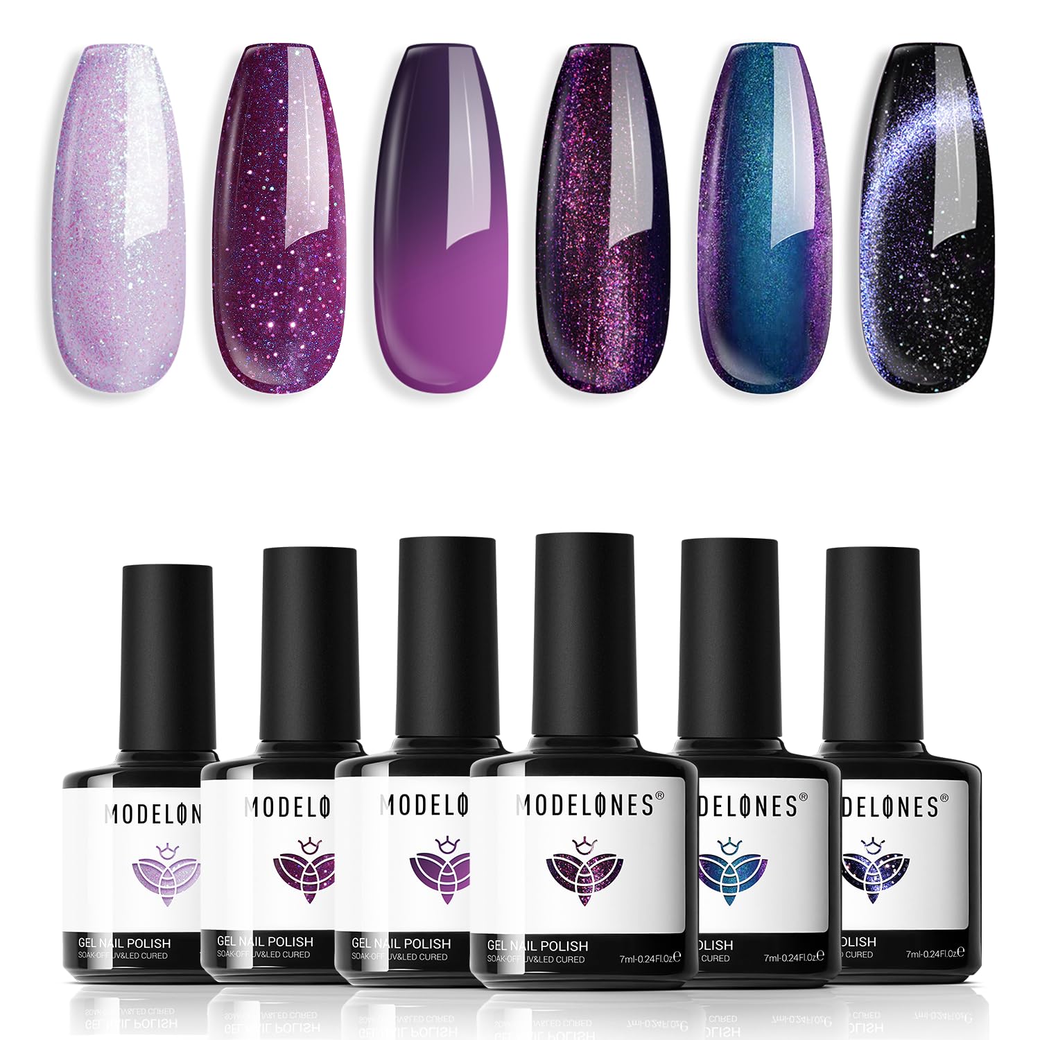 Modelones Gel Nail Polish Set – 6 Colors 9D Cat Eye Glitter with Magnet