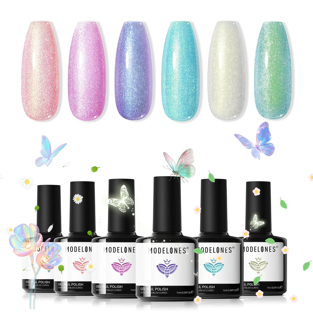 Modelones Gel Nail Polish Set — 6 Spring Pastel Colors with Chameleon Glitter