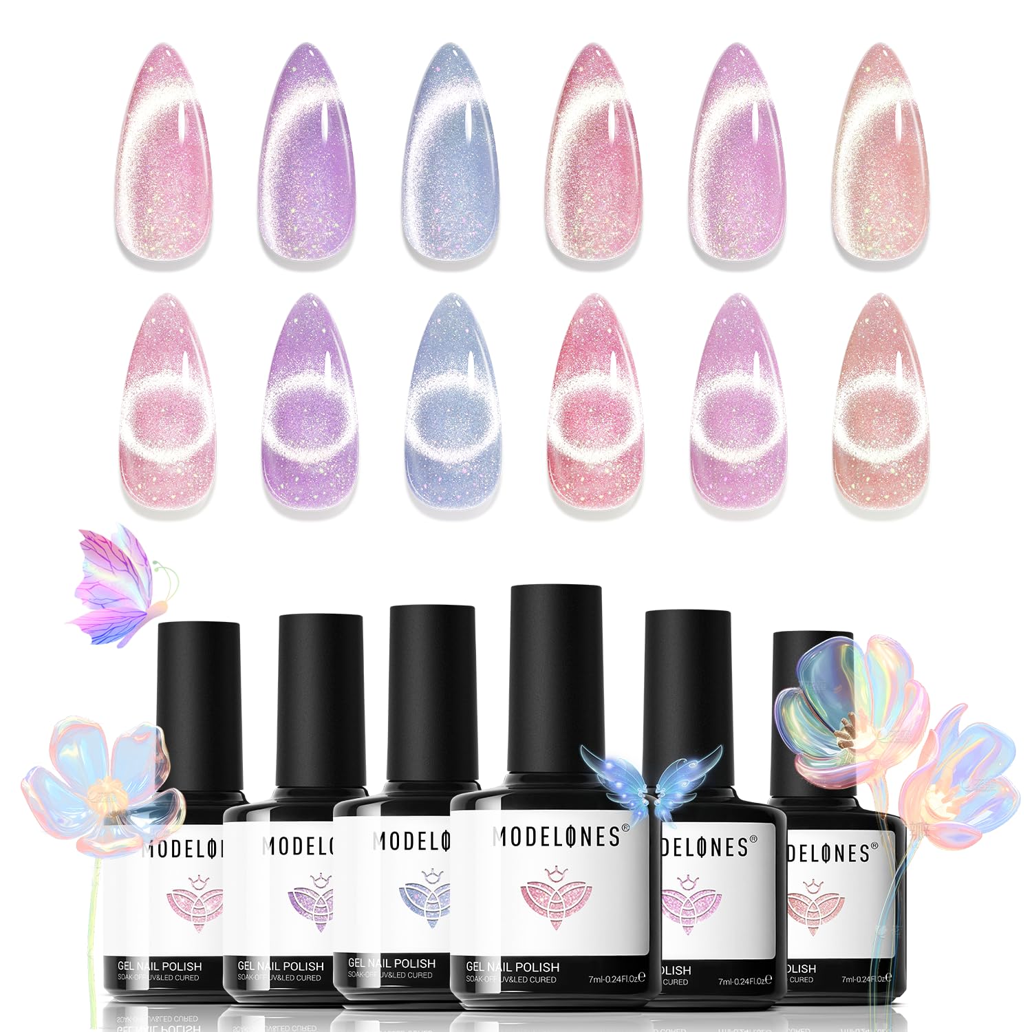 Modelones Holographic Cat Eye Gel Nail Polish Kit – 6-Color Rainbow Galaxy Set with Magnet