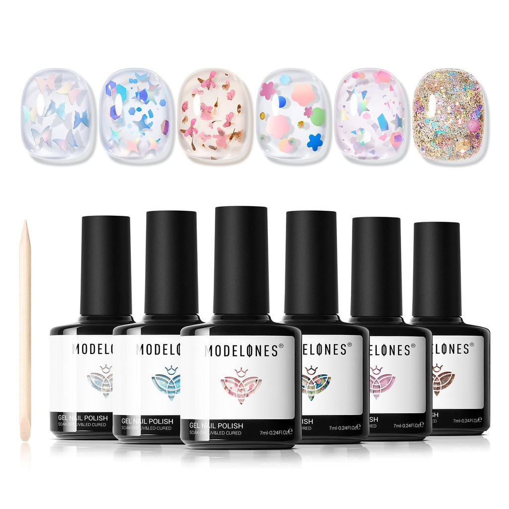 Modelones Gel Nail Polish Set (6 Colors) with Dried Flower Ornaments | Soak-Off LED Gel