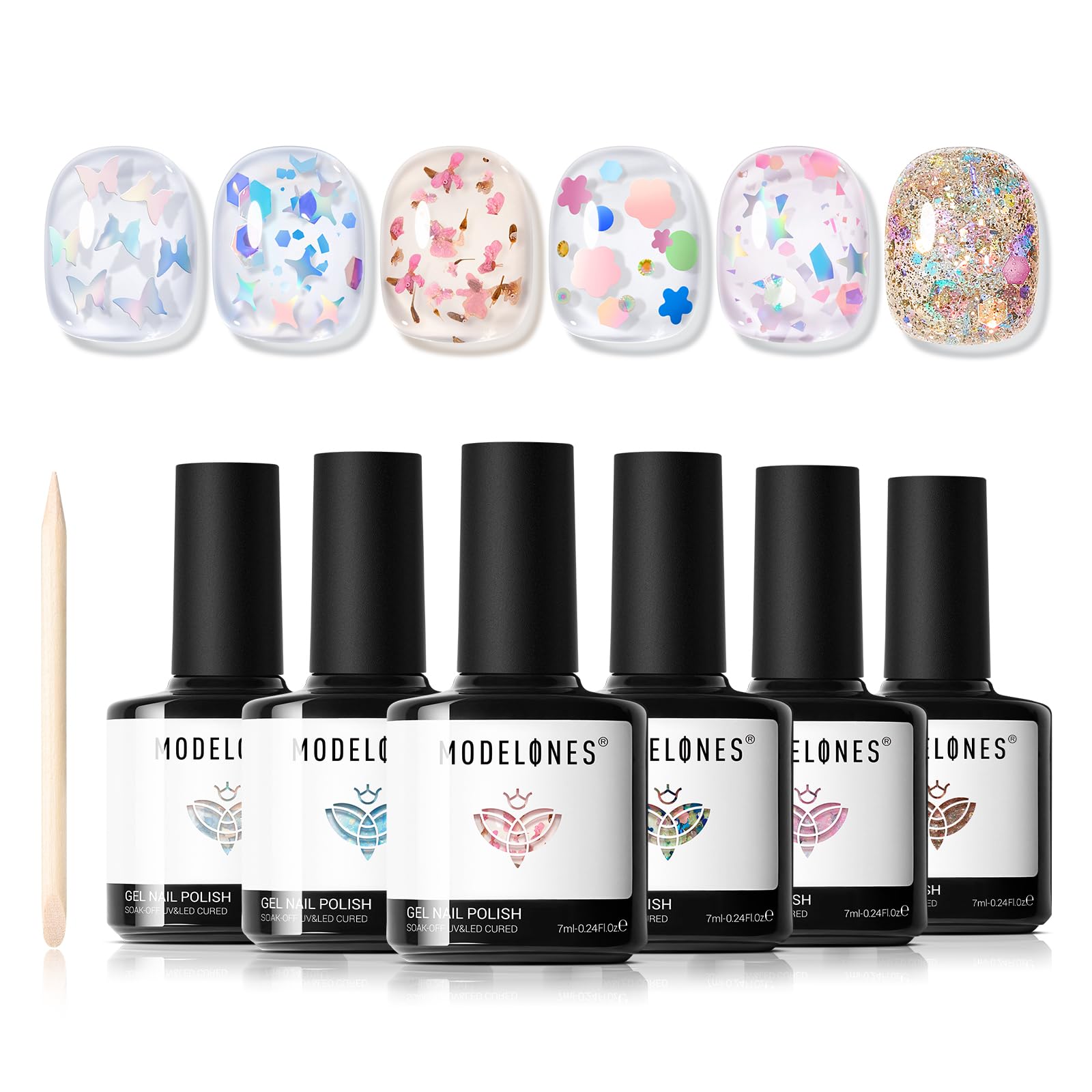 Modelones Gel Nail Polish Set (6 Colors) with Dried Flower Ornaments | Soak-Off LED Gel