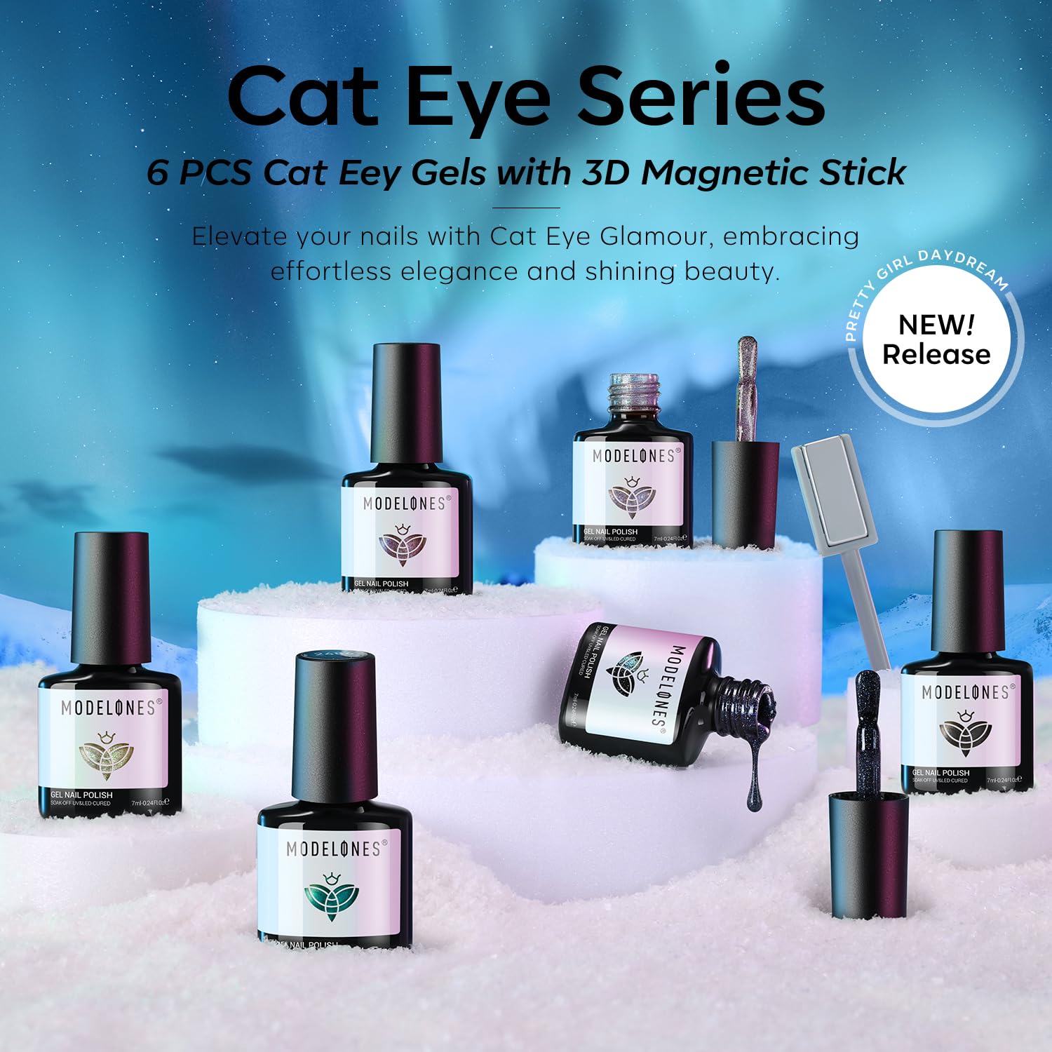 Modelones Cat Eye Gel Nail Polish Set - 6 Colors, 9D Glassy Magnetic Cat Eye Glitter Kit (Soak-Off, LED)