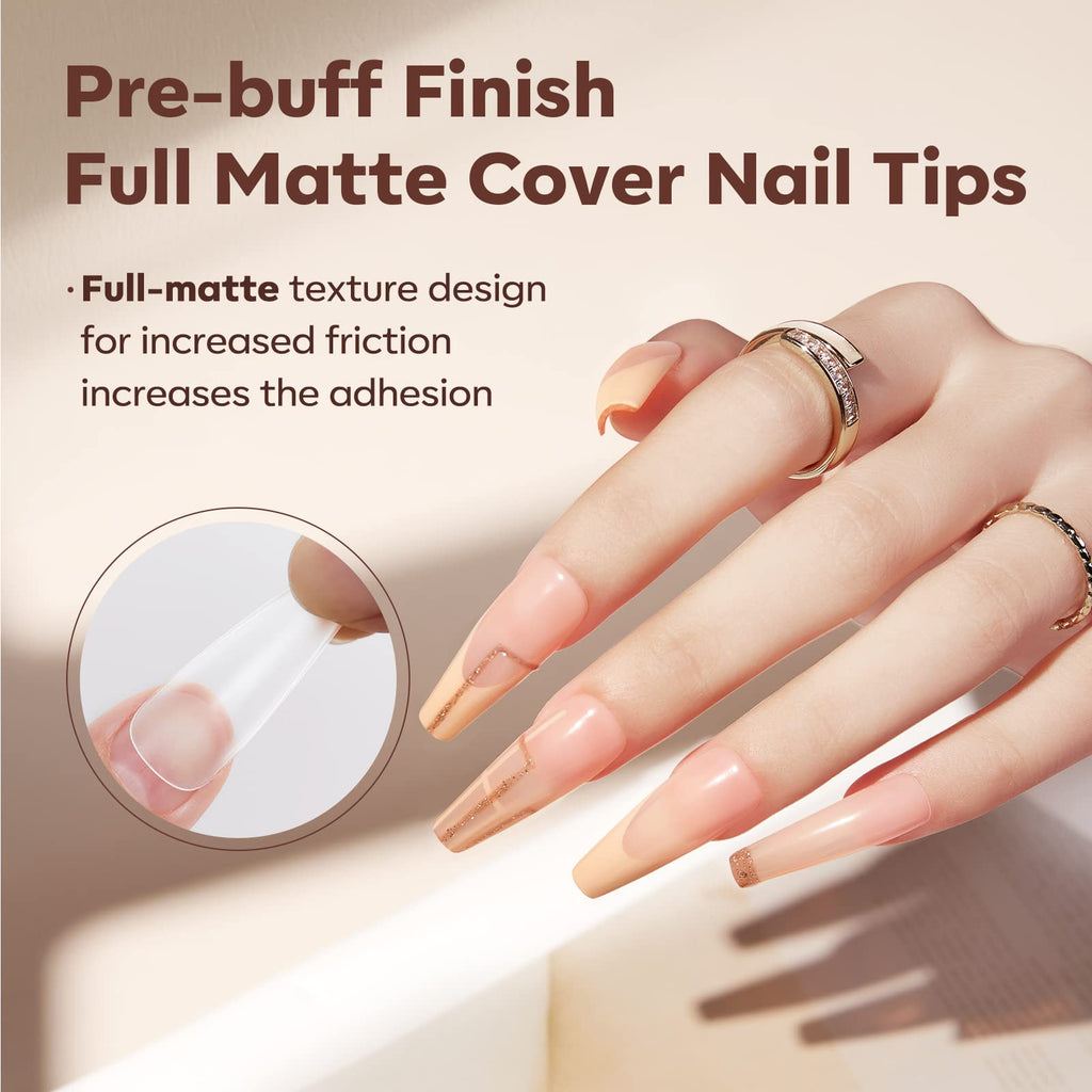 Modelones Long Coffin Nail Tips – 500 Pcs, 10 Sizes, Full Matte, Strong Adhesion for Natural-Looking Extensions