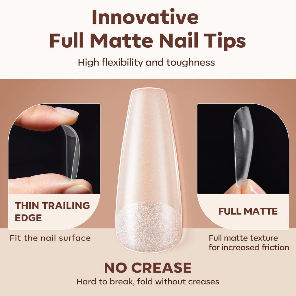 Modelones Long Coffin Nail Tips – 500 Pcs, 10 Sizes, Full Matte, Strong Adhesion for Natural-Looking Extensions