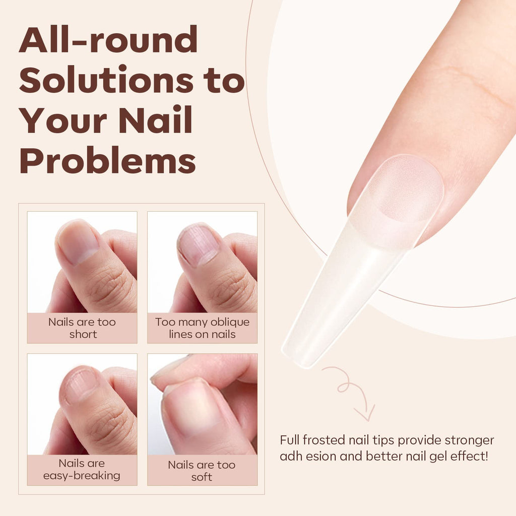 Modelones Long Coffin Nail Tips – 500 Pcs, 10 Sizes, Full Matte, Strong Adhesion for Natural-Looking Extensions
