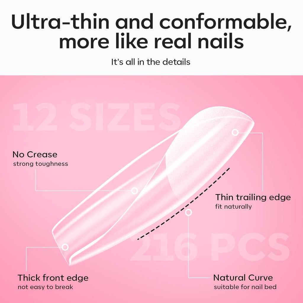 Modelones Short Square Gel Nail Tips Kit | 9-in-1 Nail Glue Gel, 216 Tips, Portable UV/LED Lamp