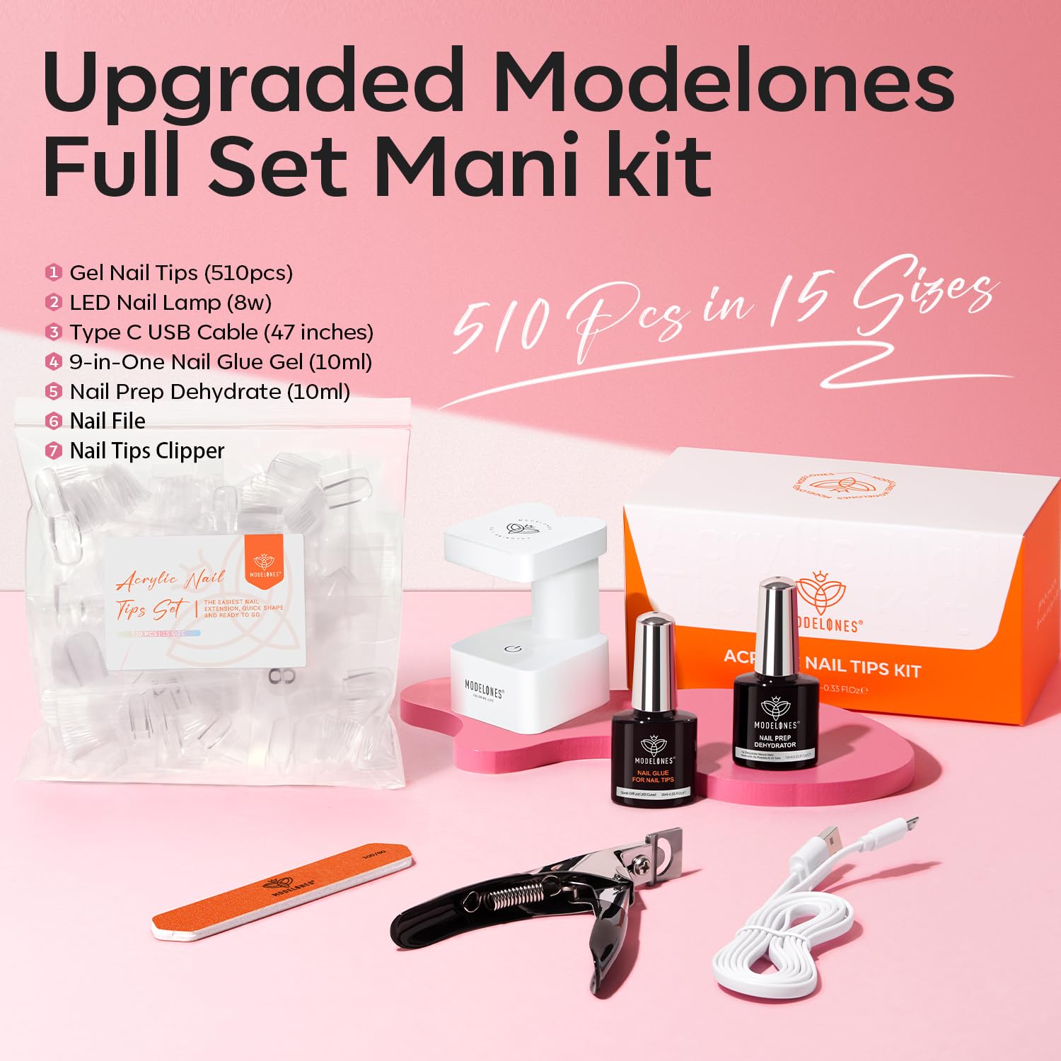 Modelones X Nail Gel Kit: 510 Short Oval Tips, 9-in-1 Glue, UV/LED Lamp