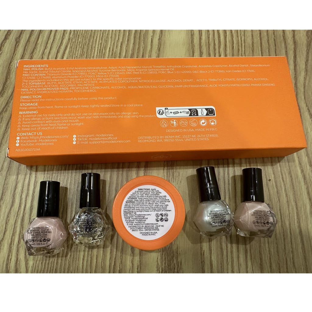 Modelones Nail Polish Set – 42 Pcs with Remover Pads, Base & Top Coat, 3-Color Nude & Glitter Kit