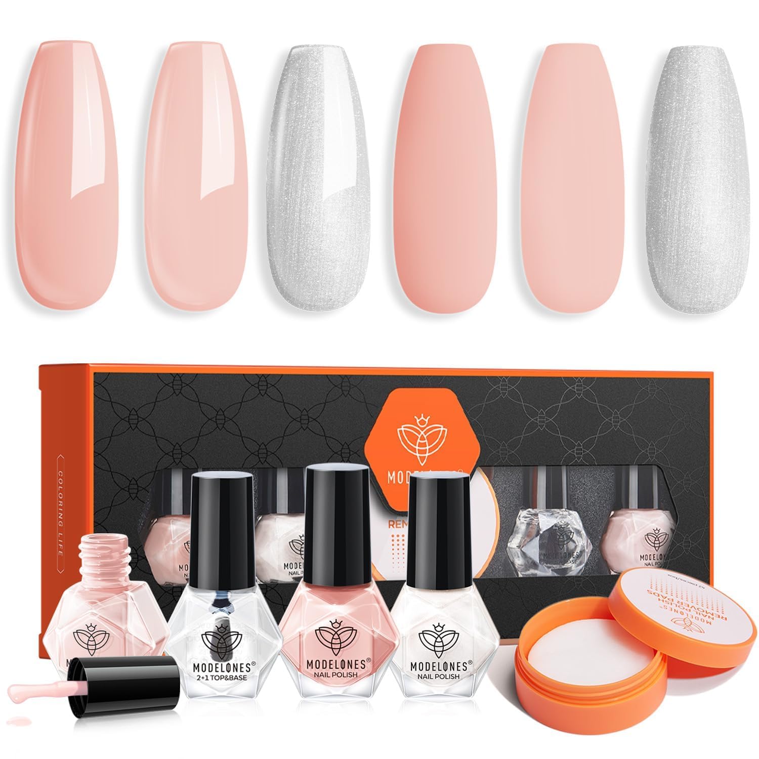 Modelones Nail Polish Set – 42 Pcs with Remover Pads, Base & Top Coat, 3-Color Nude & Glitter Kit