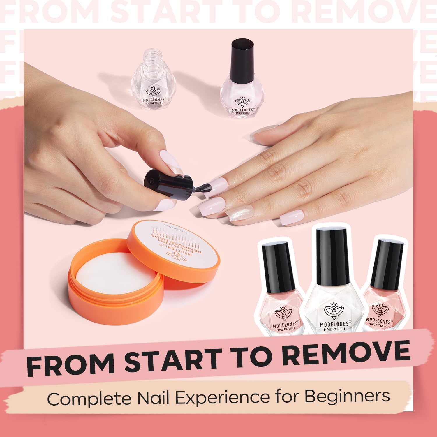 Modelones Nail Polish Set – 42 Pcs with Remover Pads, Base & Top Coat, 3-Color Nude & Glitter Kit