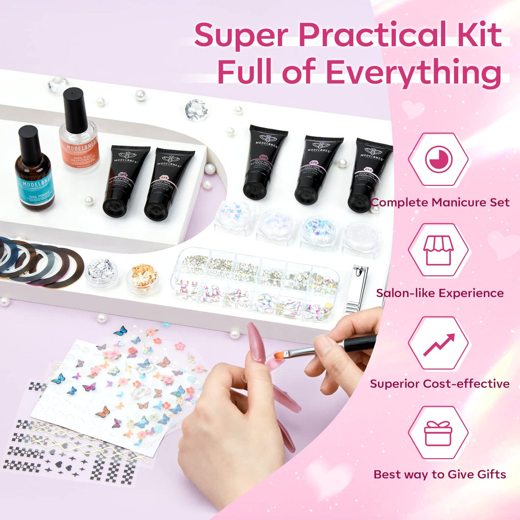 Modelones Poly Nail Gel Kit – 8 Rosy Pink Colors + 48W UV/LED Lamp