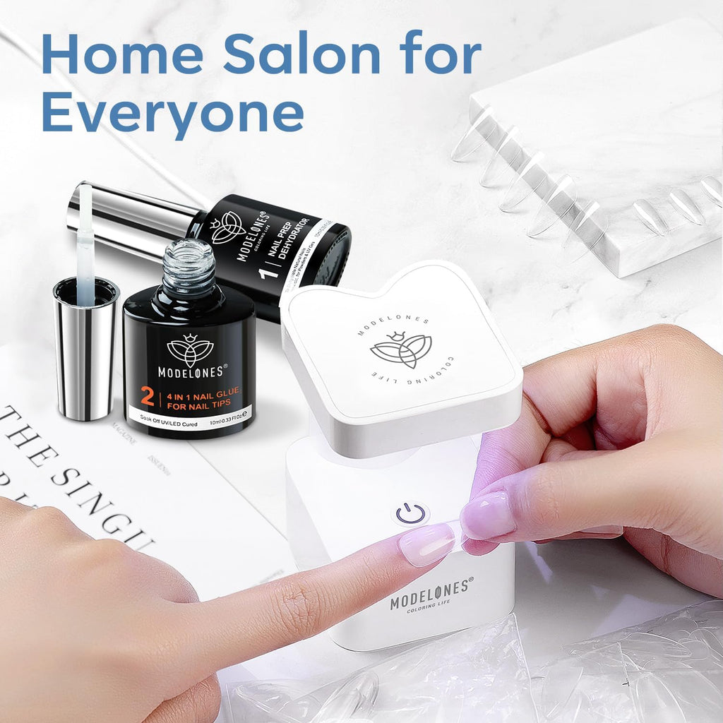 Modelones X Nail Gel Kit – 500pcs Square Tips, 9-in-1 Glue Gel, Portable UV Lamp, Home Gel Manicure Kit