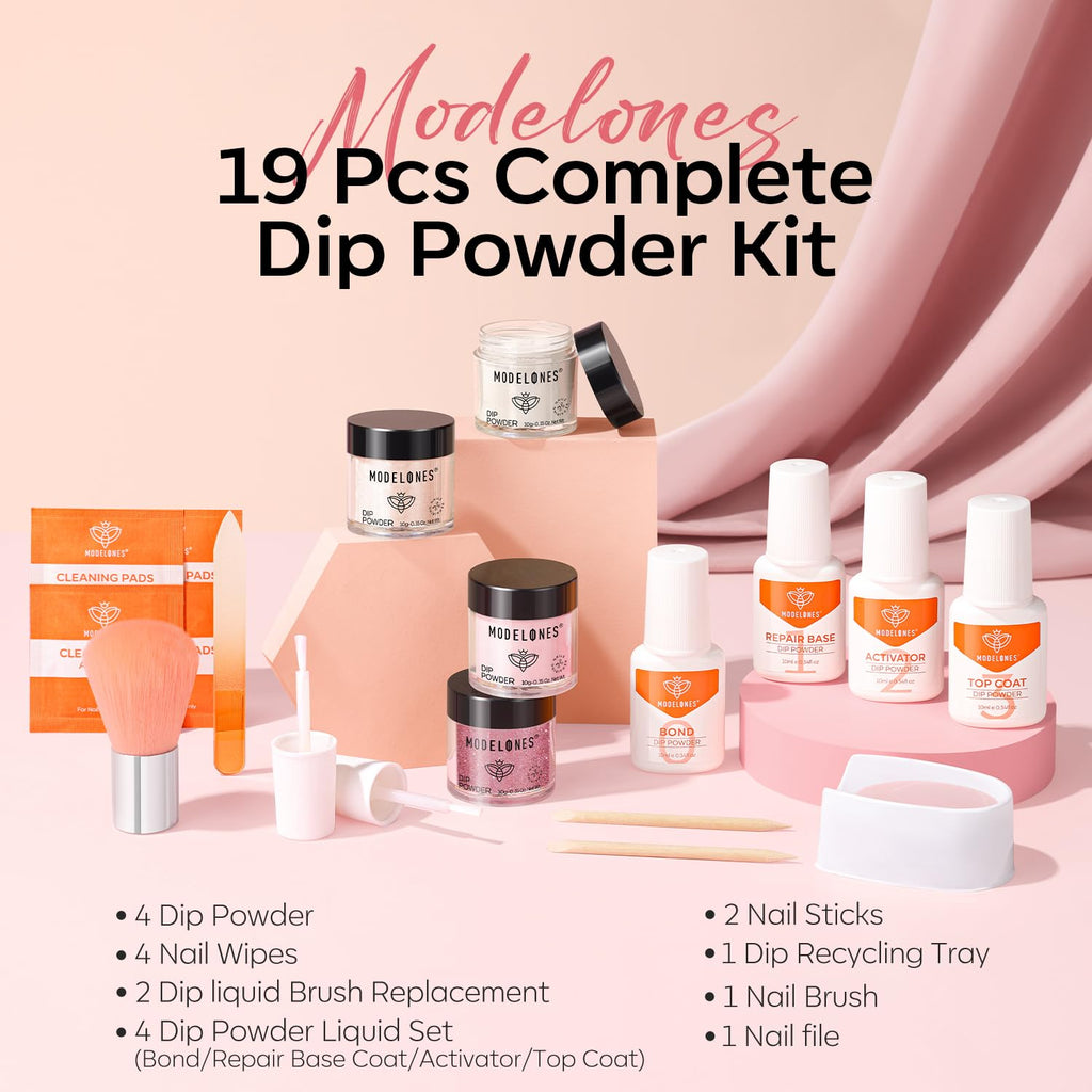 Modelones Pink Dip Powder Nail Kit – 4 Colors, No Lamp Needed, DIY French Nails at Home