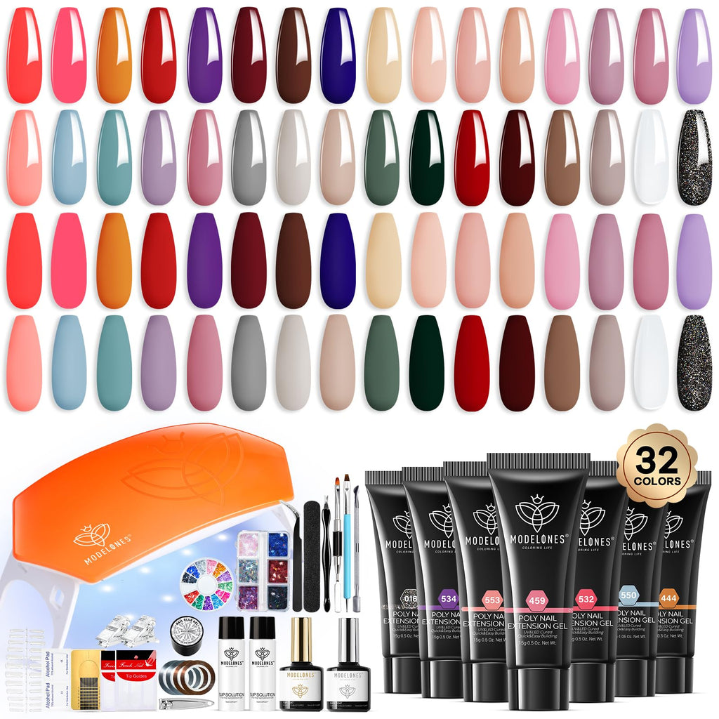 Modelones 133pcs Poly Nail Gel Kit | 32 Colors Spring Pink Pastel – Starter Extension Kit with UV Lamp