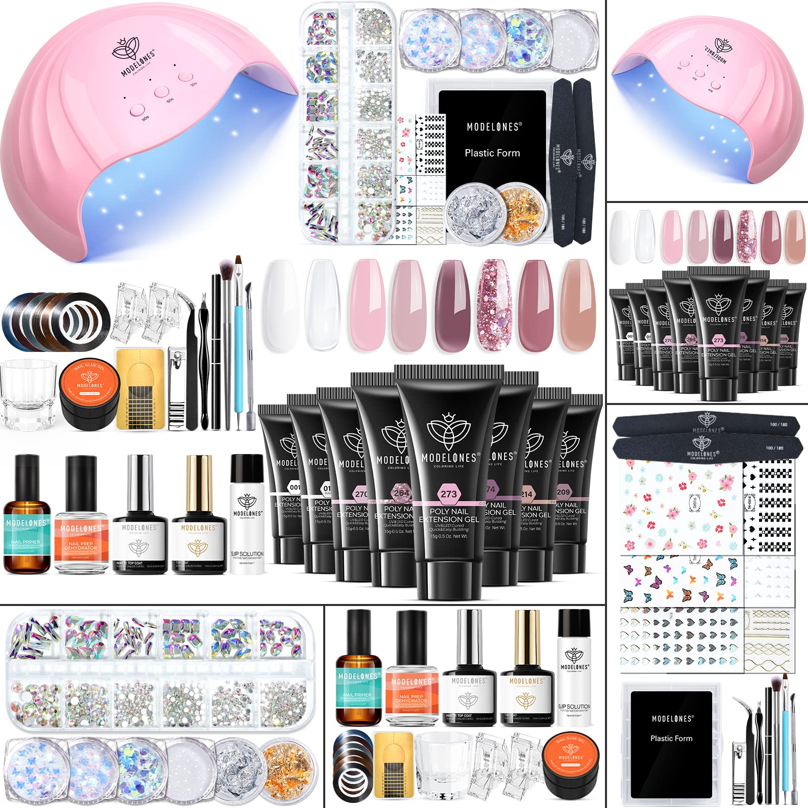 Modelones Poly Nail Gel Kit – 8 Rosy Pink Colors + 48W UV/LED Lamp
