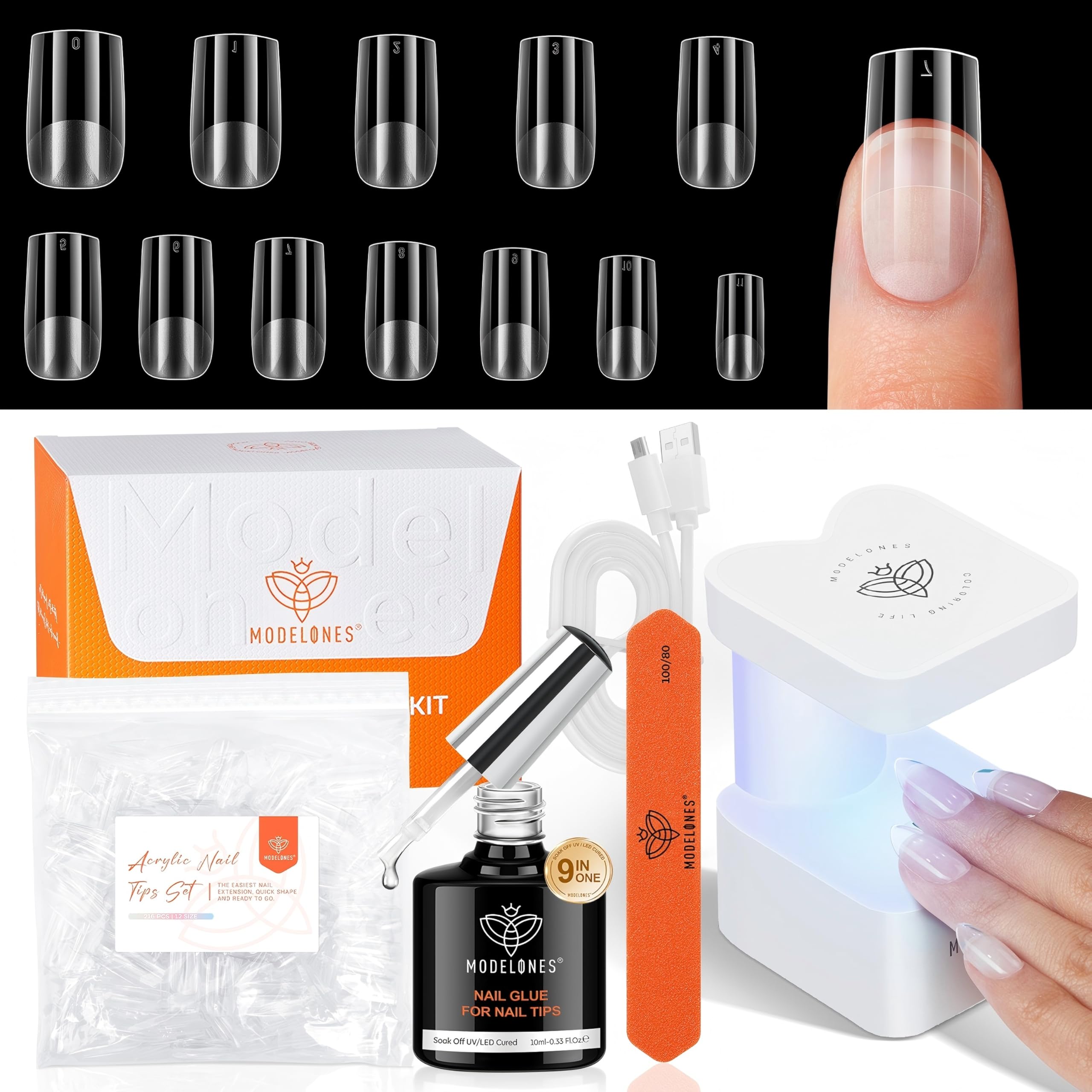Modelones Short Square Gel Nail Tips Kit | 9-in-1 Nail Glue Gel, 216 Tips, Portable UV/LED Lamp