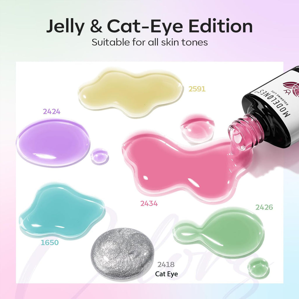 modelones Gel Nail Polish Set — 6 Colors for Spring 2026, Silver Cat Eye & Jelly Pastels