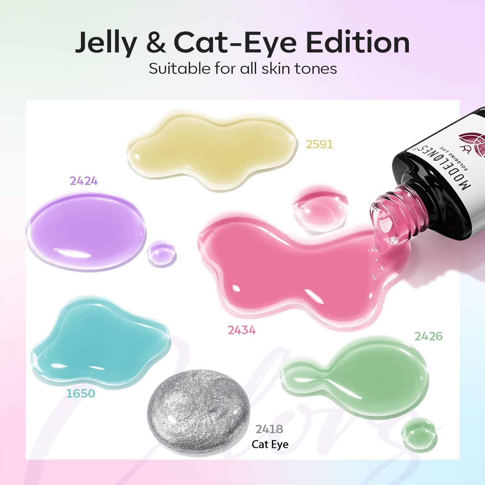 modelones Gel Nail Polish Set — 6 Colors for Spring 2026, Silver Cat Eye & Jelly Pastels