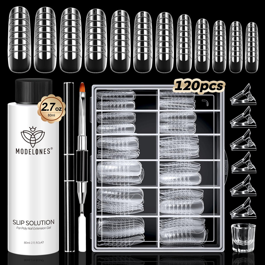 Modelones Slip Solution for Poly Gel – 2.8oz Anti-Stick Liquid with 120 Dual Nail Forms Kit