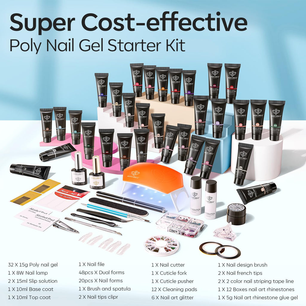 Modelones 133pcs Poly Nail Gel Kit | 32 Colors Spring Pink Pastel – Starter Extension Kit with UV Lamp