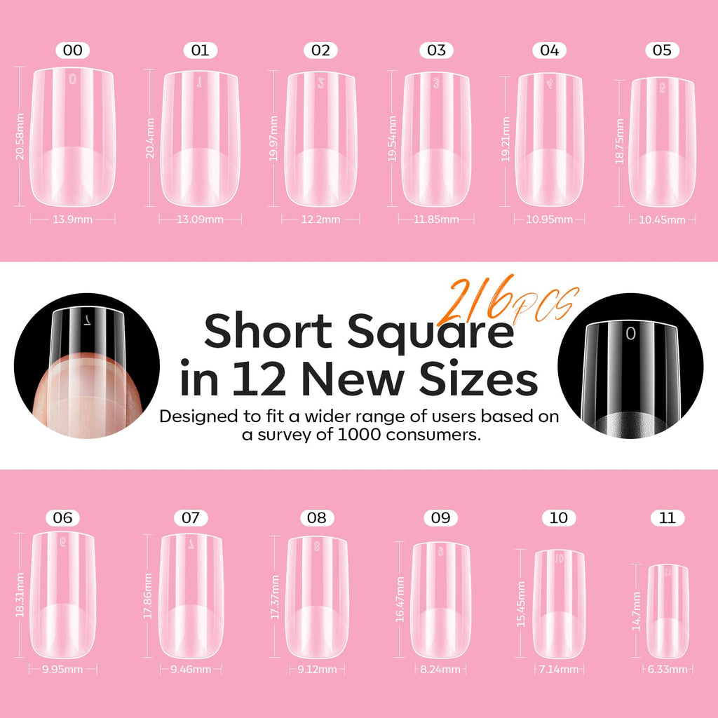 Modelones Short Square Gel Nail Tips Kit | 9-in-1 Nail Glue Gel, 216 Tips, Portable UV/LED Lamp