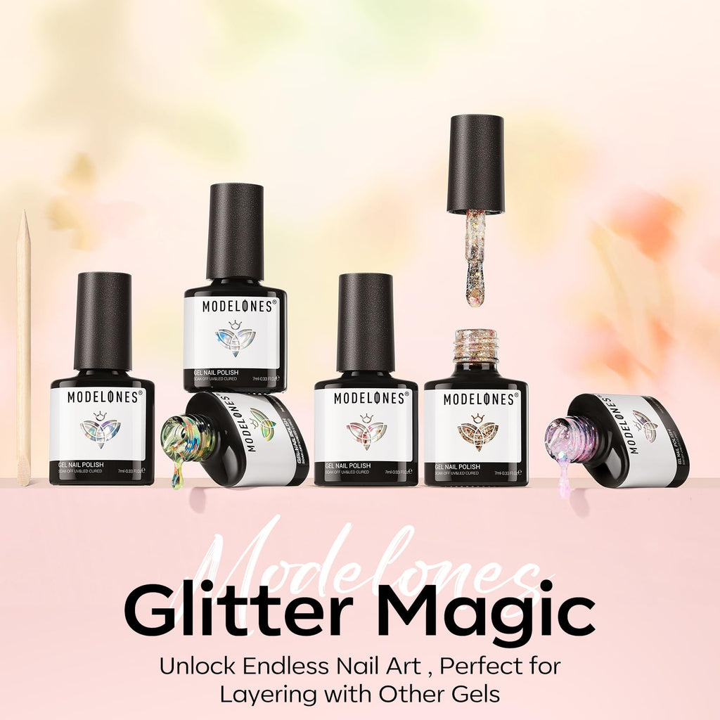 Modelones Gel Nail Polish Set (6 Colors) with Dried Flower Ornaments | Soak-Off LED Gel