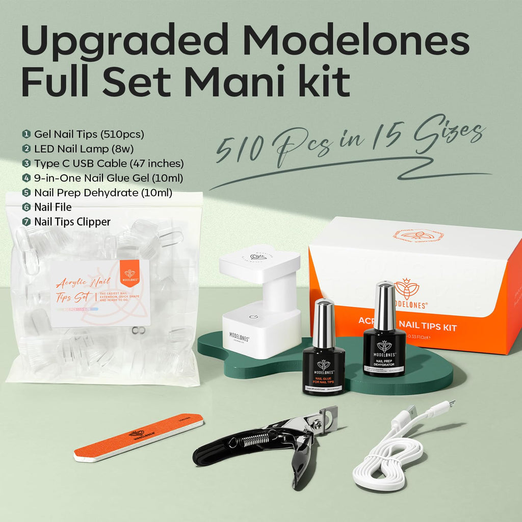 Modelones X Nail Gel Kit – 510 Pcs Long Coffin Tips, 9-in-One Glue, Portable UV/LED Lamp, Home Salon