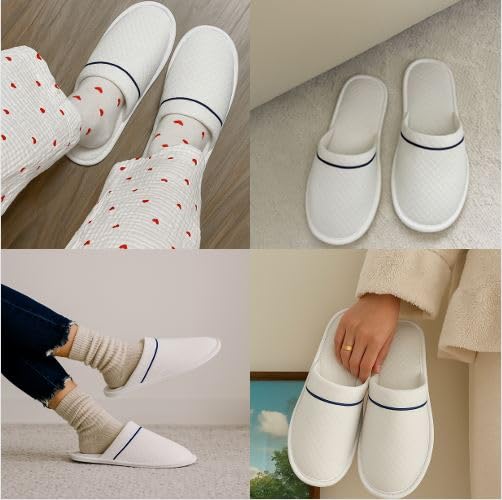 Modlux Spa Slippers – 12-Pair Pack, Unisex Closed-Toe, Washable & Reusable (White with Blue Ribbon)