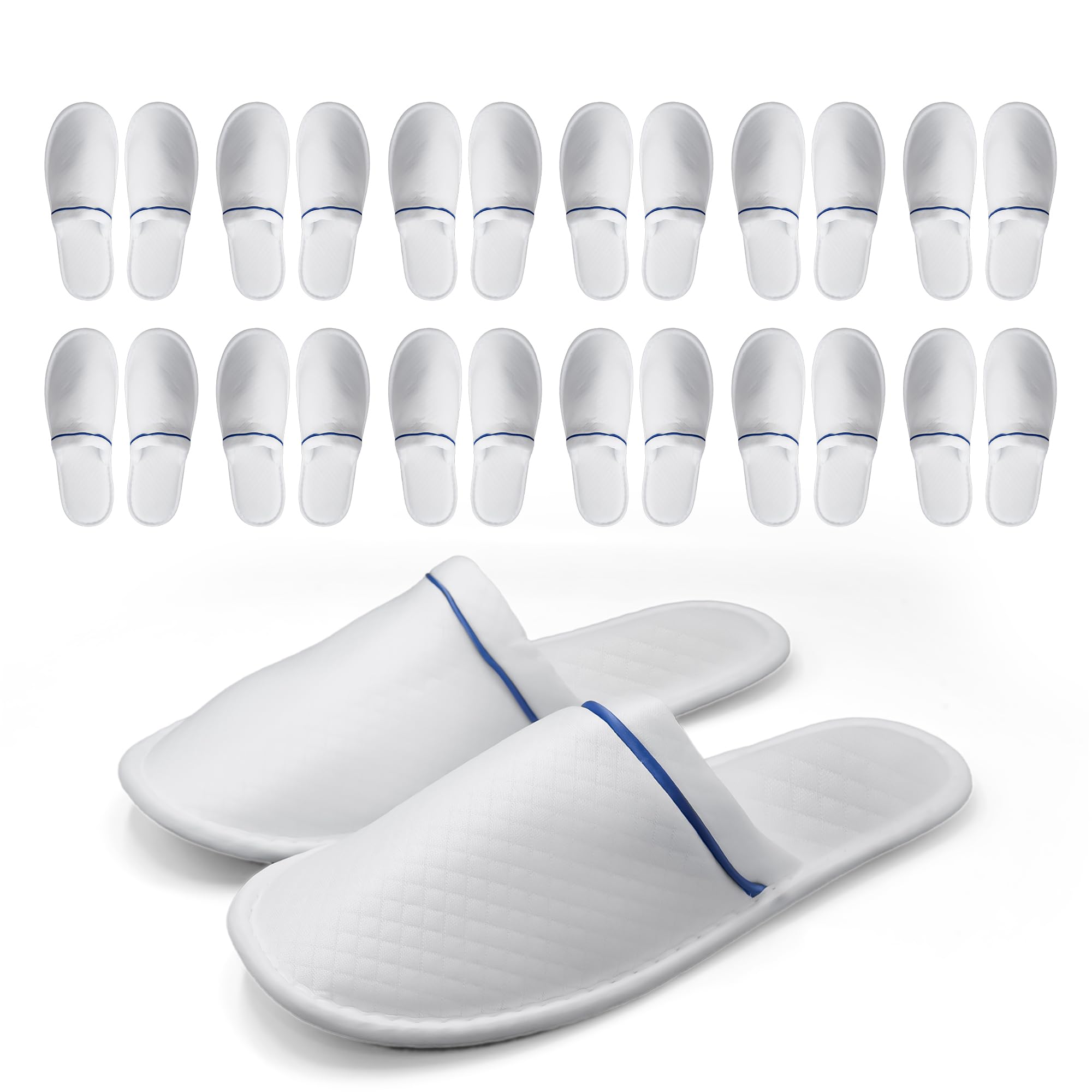 Modlux Spa Slippers – 12-Pair Pack, Unisex Closed-Toe, Washable & Reusable (White with Blue Ribbon)