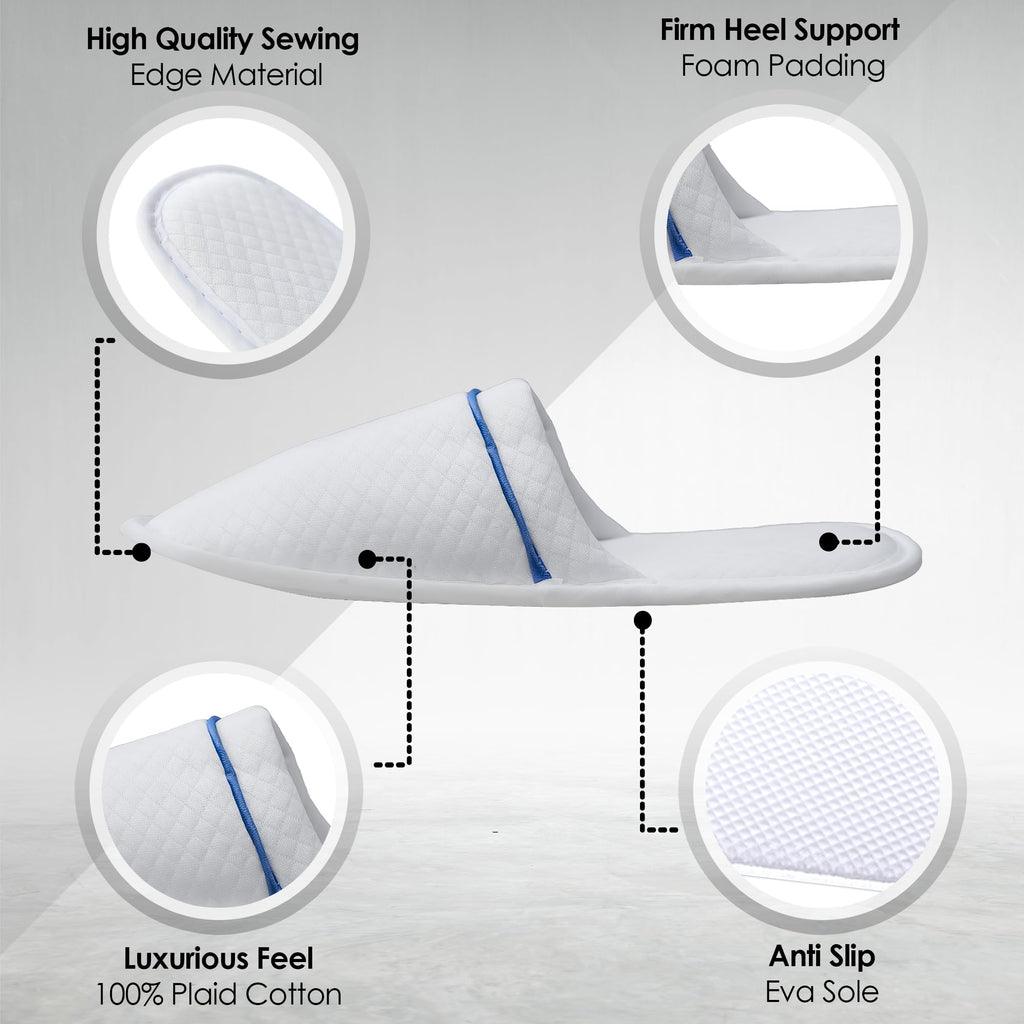 Modlux Spa Slippers – 12-Pair Pack, Unisex Closed-Toe, Washable & Reusable (White with Blue Ribbon)