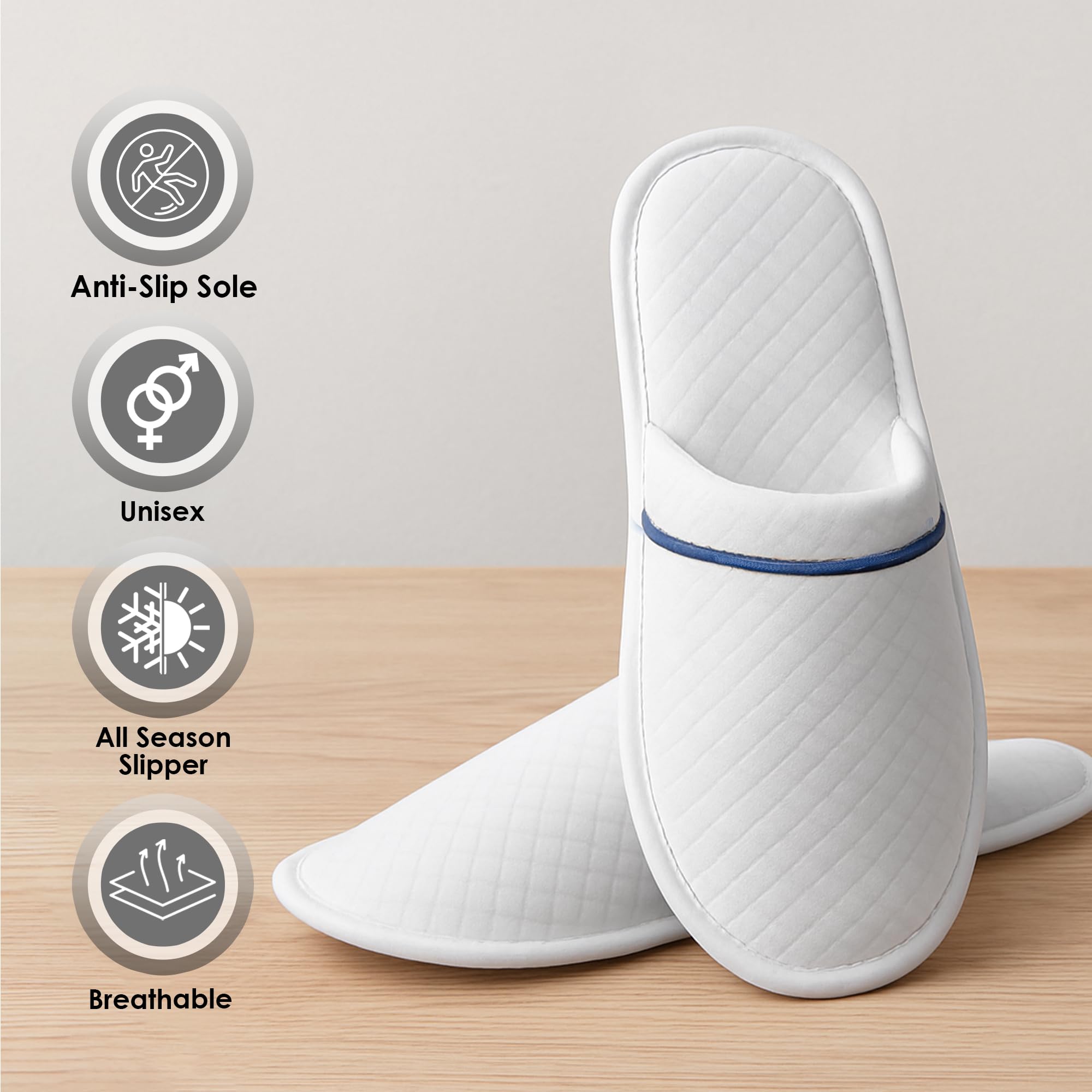 Modlux Spa Slippers – 12-Pair Pack, Unisex Closed-Toe, Washable & Reusable (White with Blue Ribbon)